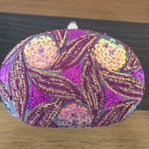 Embellished Purple Sequin Oval Clutch Gold Chain Purse